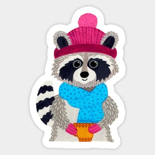 Raccoon with scarf, hat, mittens and a mug Sticker